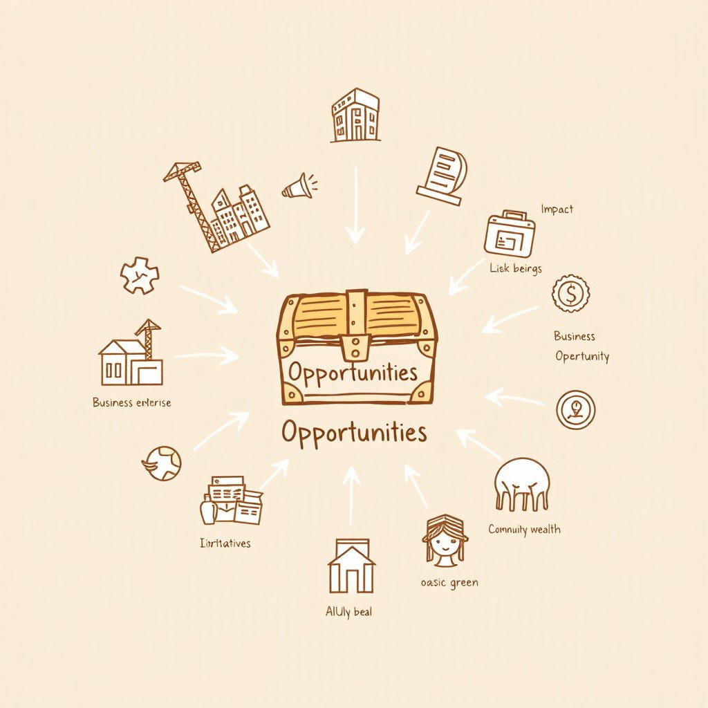 Create a professional doodle-style illustration for a corporate presentation featuring a treasure chest or goldmine icon prominently placed at the center, labeled as 'Opportunities