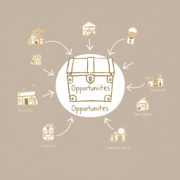 Create a professional doodle-style illustration for a corporate presentation featuring a treasure chest or goldmine icon prominently placed at the center, labeled as 'Opportunities