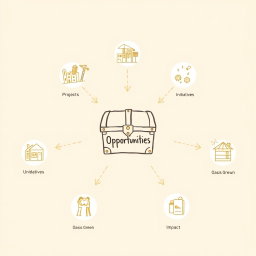 Create a professional doodle-style illustration for a corporate presentation featuring a treasure chest or goldmine icon prominently placed at the center, labeled as 'Opportunities