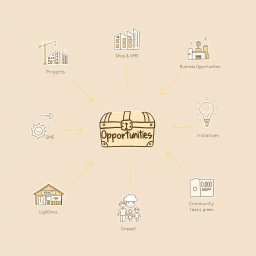 Create a professional doodle-style illustration for a corporate presentation featuring a treasure chest or goldmine icon prominently placed at the center, labeled as 'Opportunities