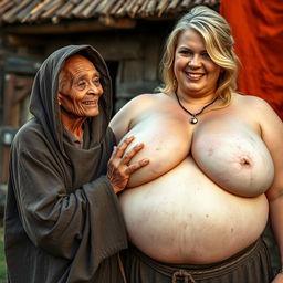 In a medieval village, an elderly African woman, around 60 years old with a malnourished appearance and decayed teeth, is dressed in a long, fully closed Buddhist robe with a hood