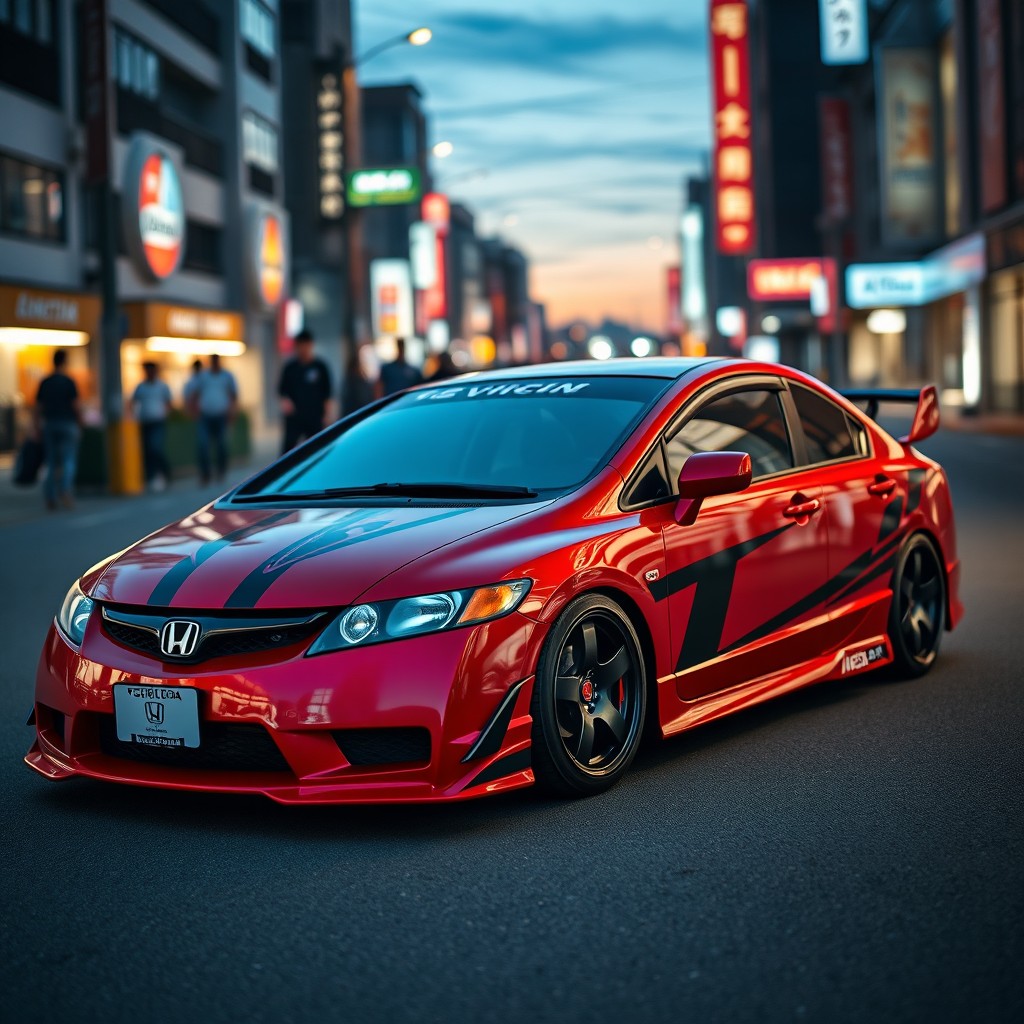 A 2008 Honda Civic in JDM (Japanese Domestic Market) style, showcasing a sleek and sporty exterior design, with a lowered stance and aggressive body kit