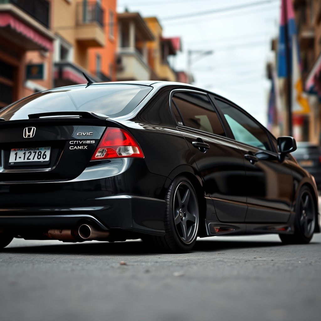 A sleek 2008 Honda Civic in JDM style, showcasing its black exterior from a diagonal rear profile angle