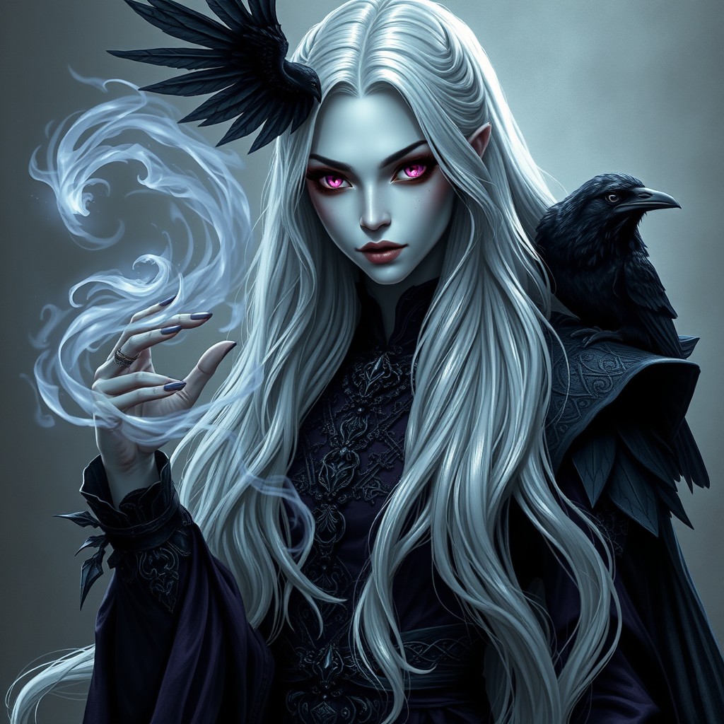 A full body shot of a female Shadar-kai character with long white hair and skin that has a deathly pallor, giving her a haunting appearance