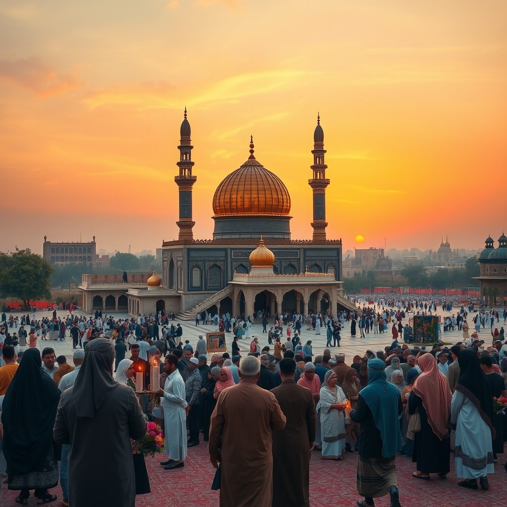 A serene scene depicting the historical and spiritual significance of Kerbala, Iraq