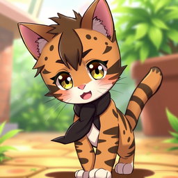 An anime-style tabby cat boy featuring distinct feline characteristics, such as large, expressive cat-like eyes that sparkle with mischief