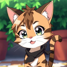 An anime-style tabby cat boy featuring distinct feline characteristics, such as large, expressive cat-like eyes that sparkle with mischief