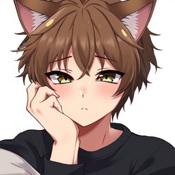 An anime-style tabby cat boy depicted as a human, showcasing cat-like eyes that are half-closed, giving a weary but engaging expression
