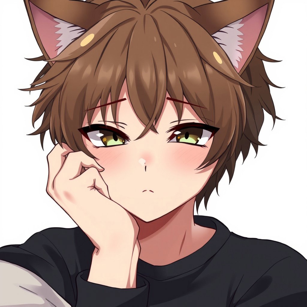 An anime-style tabby cat boy depicted as a human, showcasing cat-like eyes that are half-closed, giving a weary but engaging expression