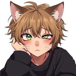 An anime-style tabby cat boy depicted as a human, showcasing cat-like eyes that are half-closed, giving a weary but engaging expression