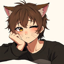 An anime-style tabby cat boy depicted as a human, showcasing cat-like eyes that are half-closed, giving a weary but engaging expression