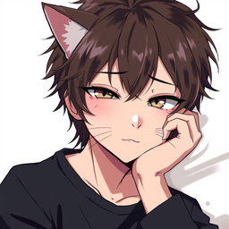 An anime-style tabby cat boy depicted as a human, showcasing cat-like eyes that are half-closed, giving a weary but engaging expression
