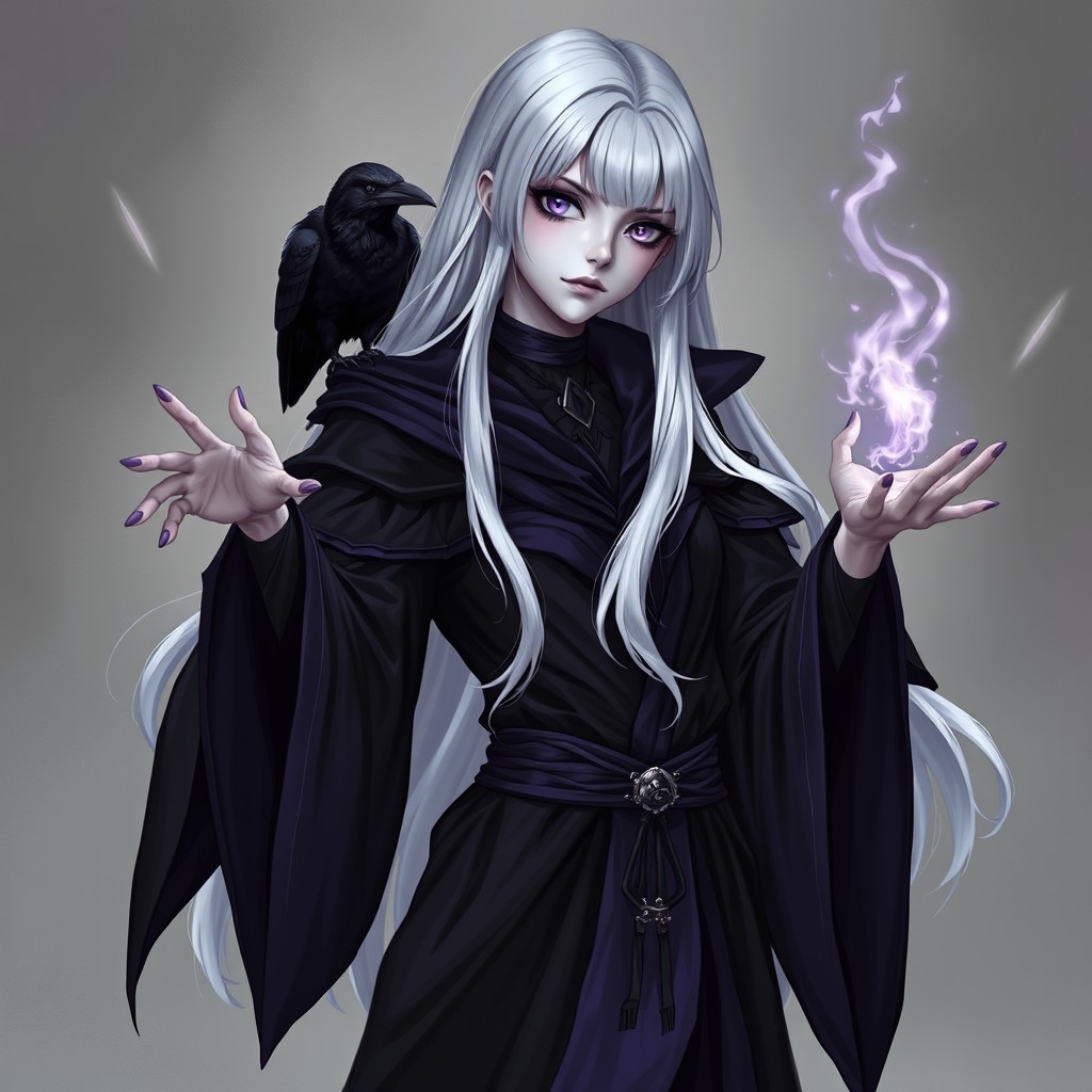 A full-body portrait of a female shadar-kai character with deathly pale skin and long white hair, showcasing her striking dark purple eyes