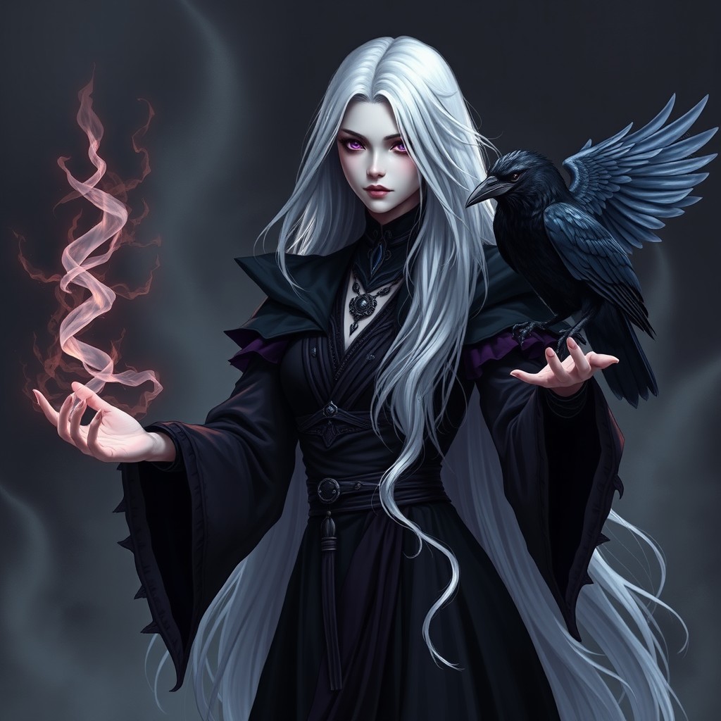 A full-body portrait of a female shadar-kai character with a deathly pallor complexion and long flowing white hair