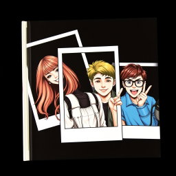 A book cover featuring one girl and two boys, all set against a black background
