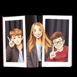 A book cover featuring one girl and two boys, all set against a black background