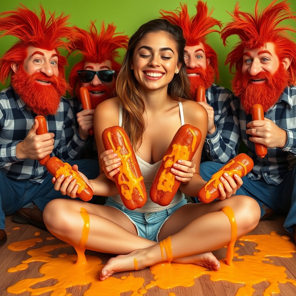 A hot Latina girl aged 18, sitting criss cross with a bright smile and her eyes closed
