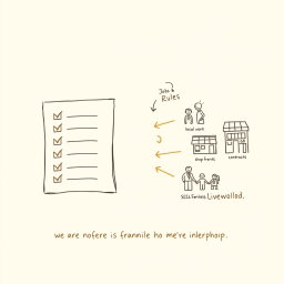 Create a professional doodle-style illustration for a corporate presentation featuring a split-scene concept
