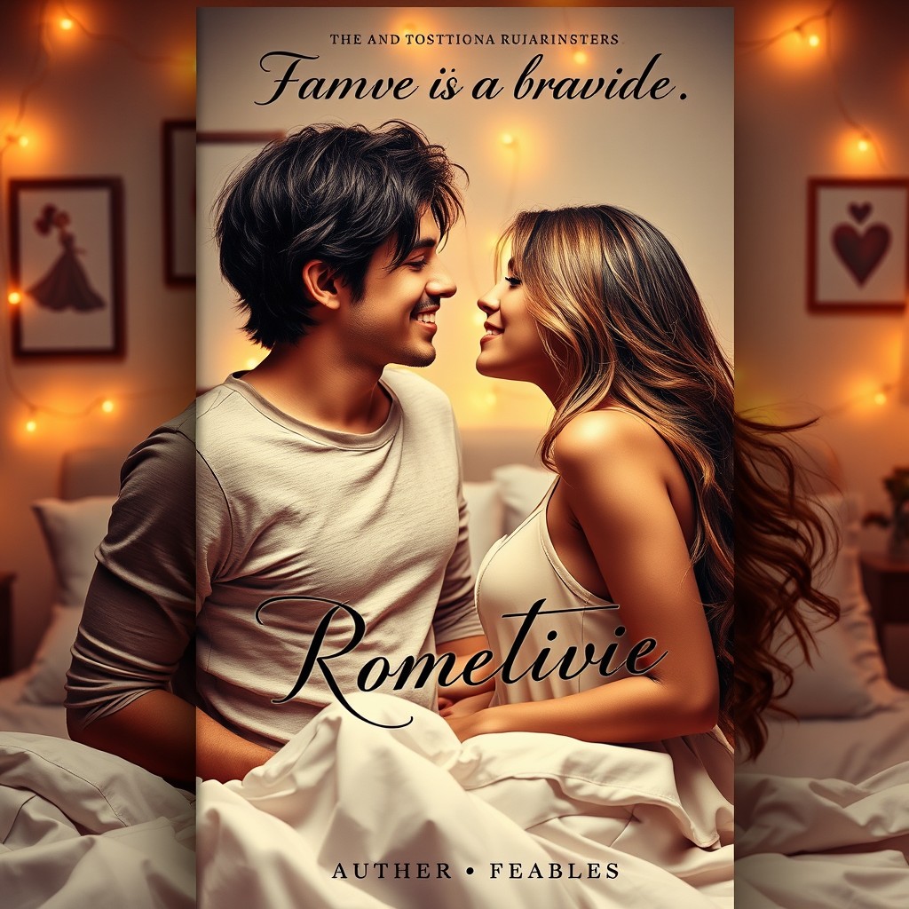 A book cover featuring two romantic characters in a cozy, intimate bedroom setting