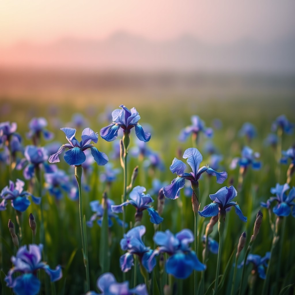 A serene field of blue irises under soft, gentle light, with a touch of morning mist creating a dreamy atmosphere