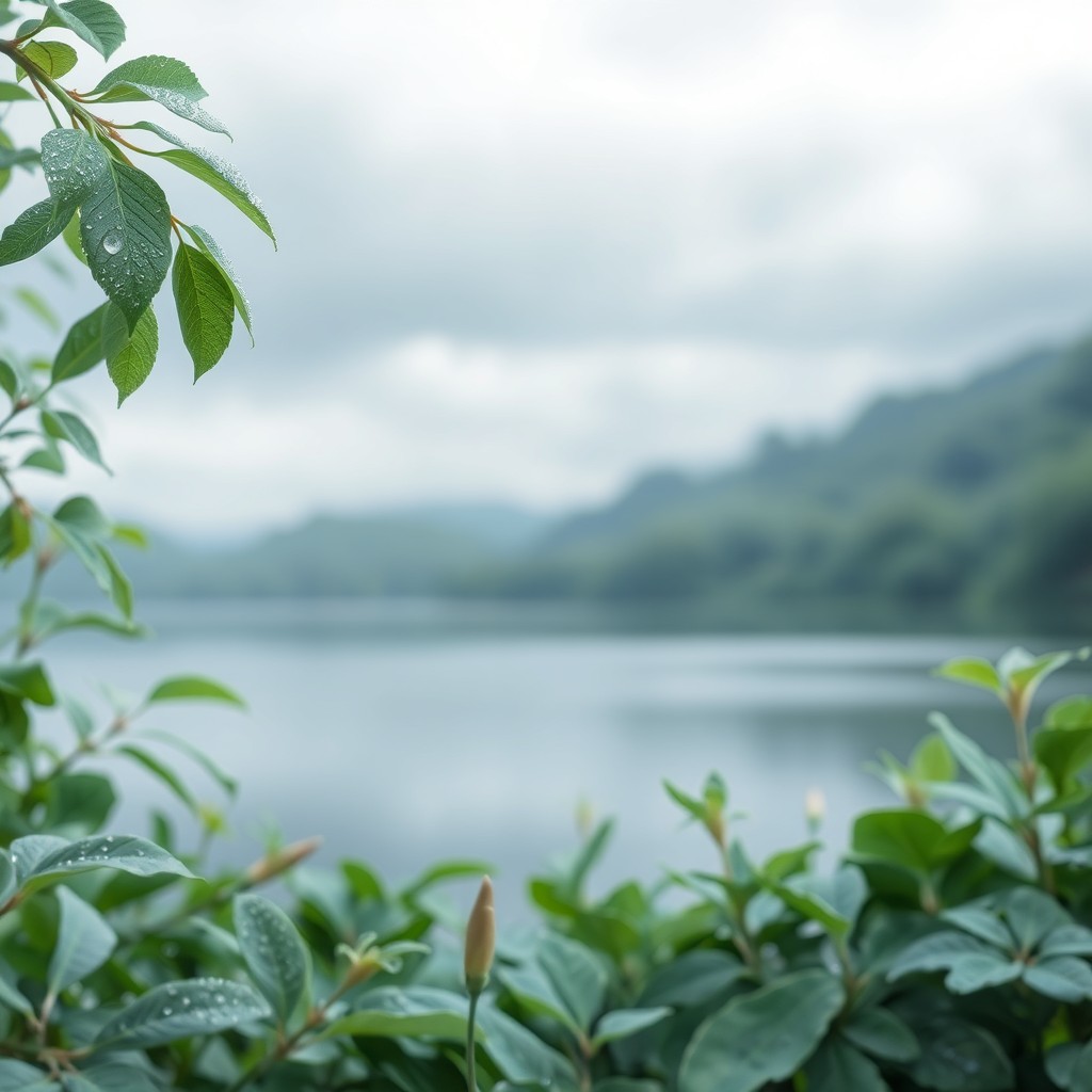 A tranquil natural scene featuring soft blue and green tones, showcasing elements like delicate leaves glistening with morning dew, a calm body of water reflecting the overcast sky, and gentle clouds floating above
