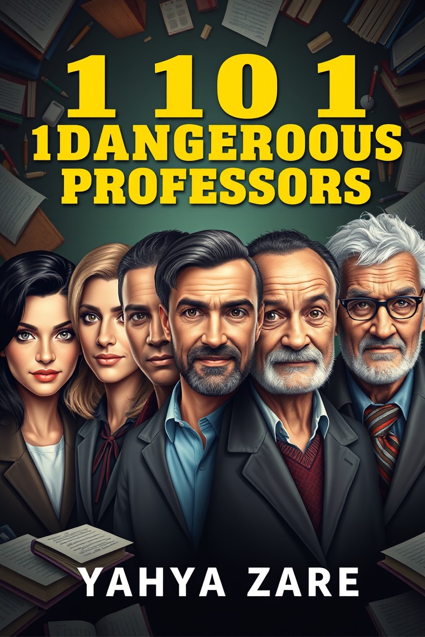 A captivating book cover for '101 Dangerous Professors' by Yahya Zare, featuring a group of eight diverse professors
