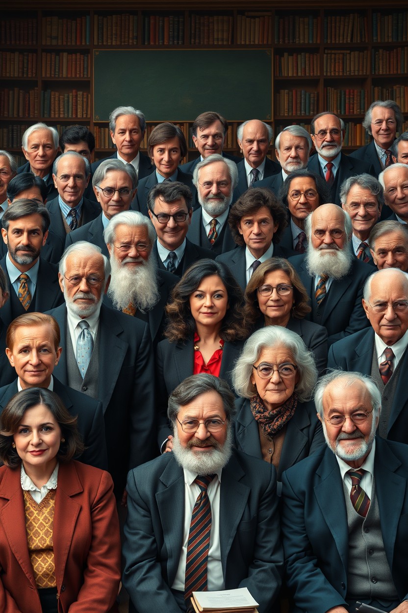 A captivating and intriguing scene featuring 101 professors, divided into groups of four young and four old males and females