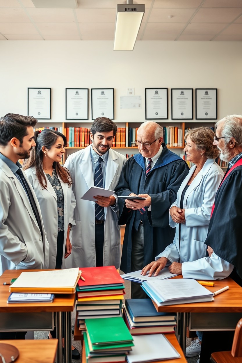 A captivating composition featuring a diverse group of eight professors in an academic setting