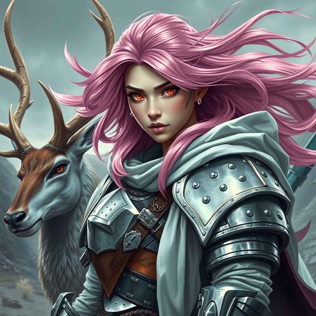 A fierce female Asian barbarian with very clear pink hair flowing wildly, contrasted by her intense red eyes that exude strength and determination
