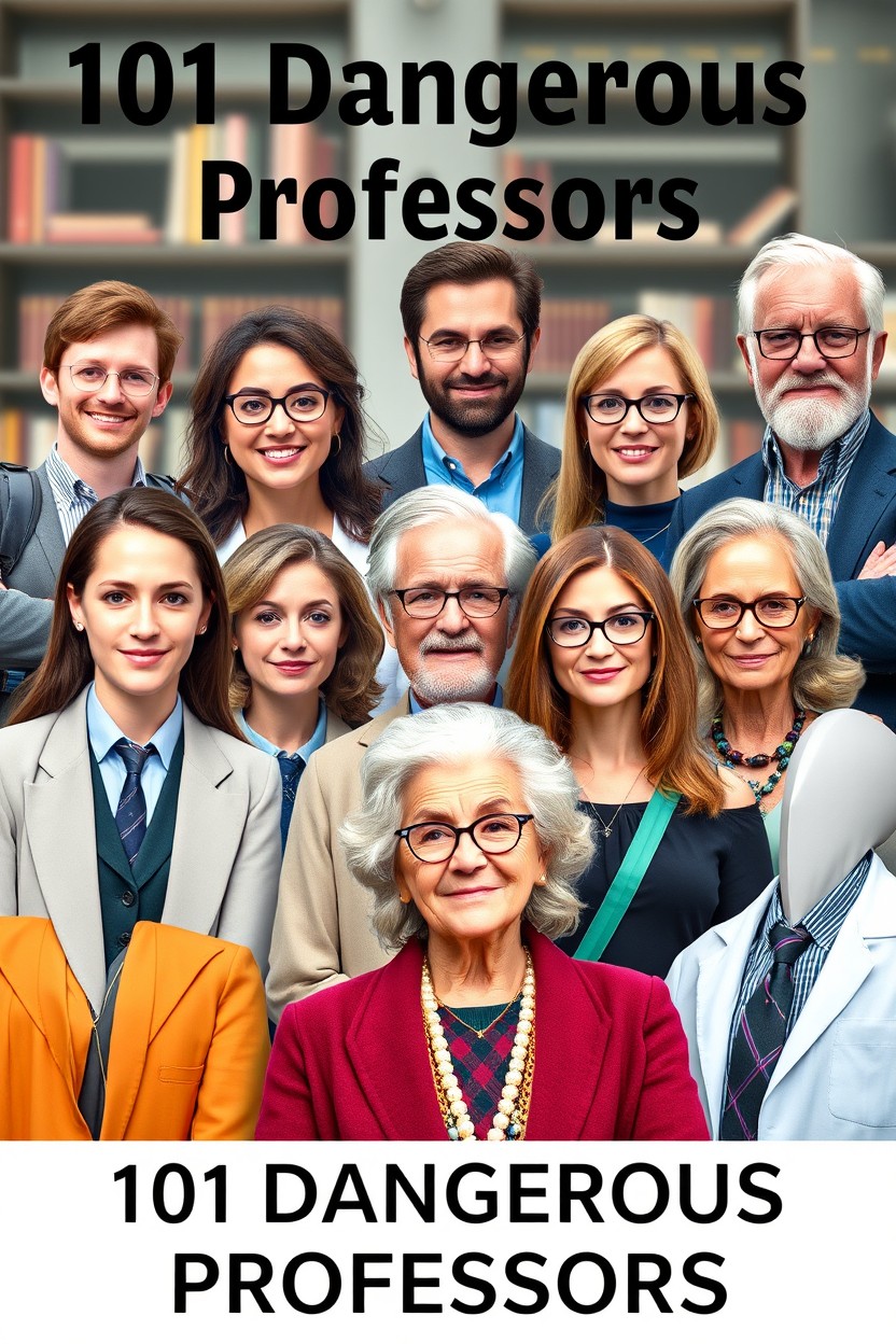 A group portrait titled '101 Dangerous Professors', featuring a diverse lineup of eight individuals: four young and four older professors, both male and female