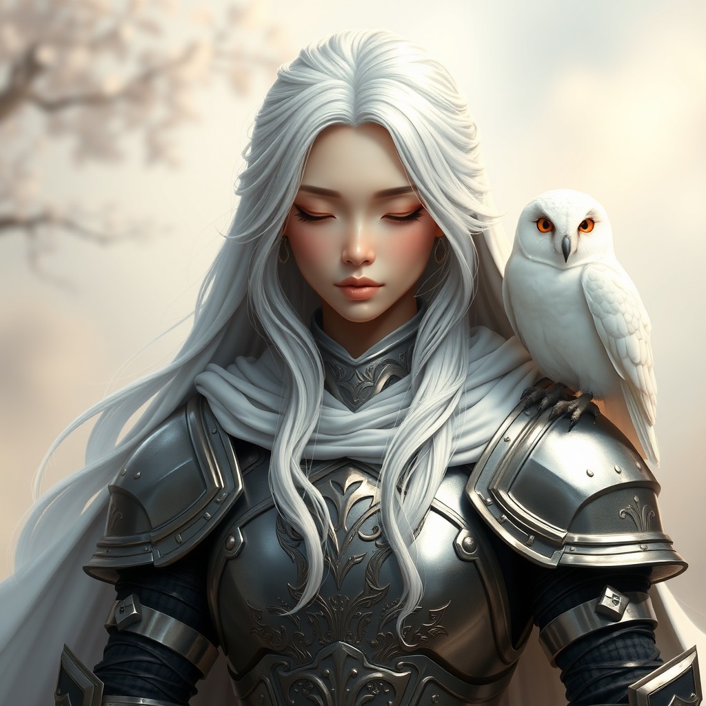 A serene female Asian cleric with long and convoluted white hair, gracefully framing her face as her eyes are gently closed in contemplation