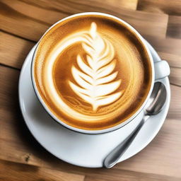 A beautifully presented coffee with remarkable latte art on the surface.