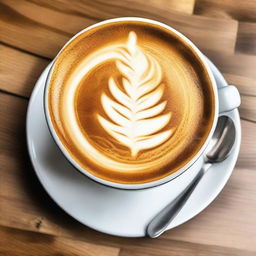 A beautifully presented coffee with remarkable latte art on the surface.