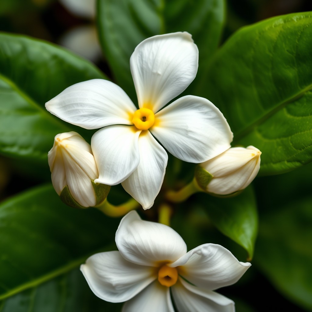 A detailed artistic representation of a Jasmine flower showcasing one blooming flower alongside a single Jasmine bud and a lush green leaf