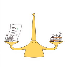 Create a professional doodle-style illustration for a corporate presentation featuring a large weighing scale at the center