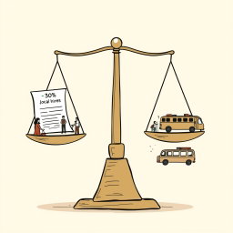 Create a professional doodle-style illustration for a corporate presentation featuring a large weighing scale at the center