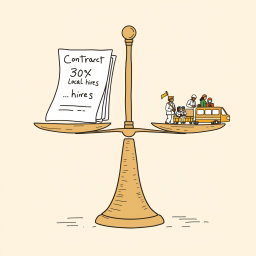Create a professional doodle-style illustration for a corporate presentation featuring a large weighing scale at the center