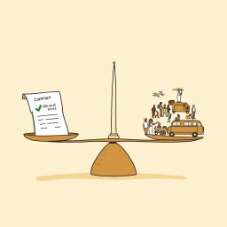 Create a professional doodle-style illustration for a corporate presentation featuring a large weighing scale at the center