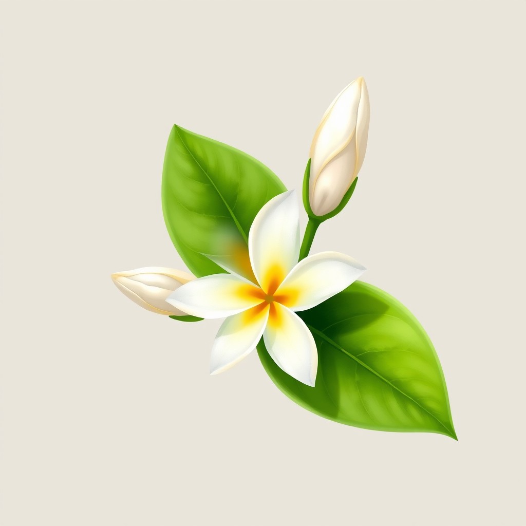 A beautifully detailed illustration of a Jasmine flower, showcasing a single blooming flower alongside a tucked-in Jasmine bud and a vibrant green leaf