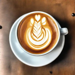 A beautifully presented coffee with remarkable latte art on the surface.