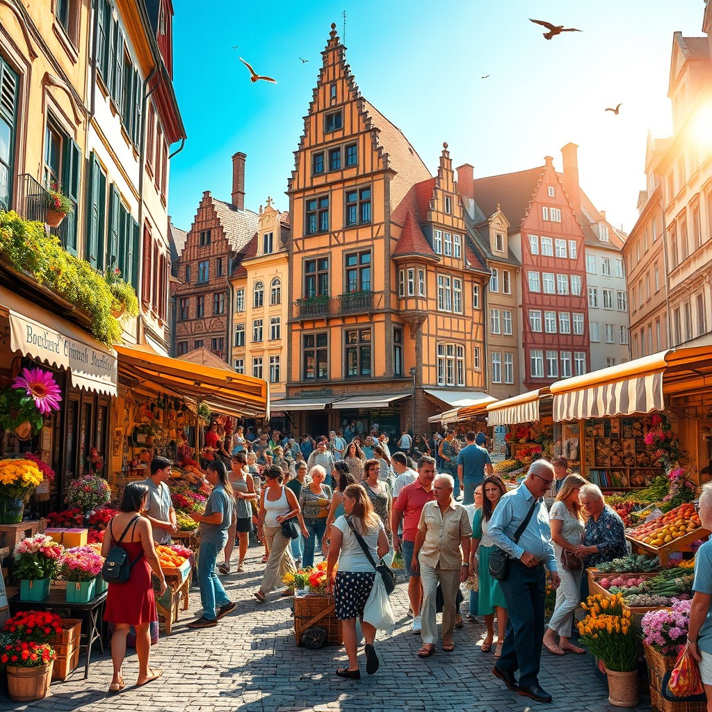 A vibrant and lively street market scene in an enchanting European city, filled with colorful stalls selling flowers, fresh produce, and handmade crafts