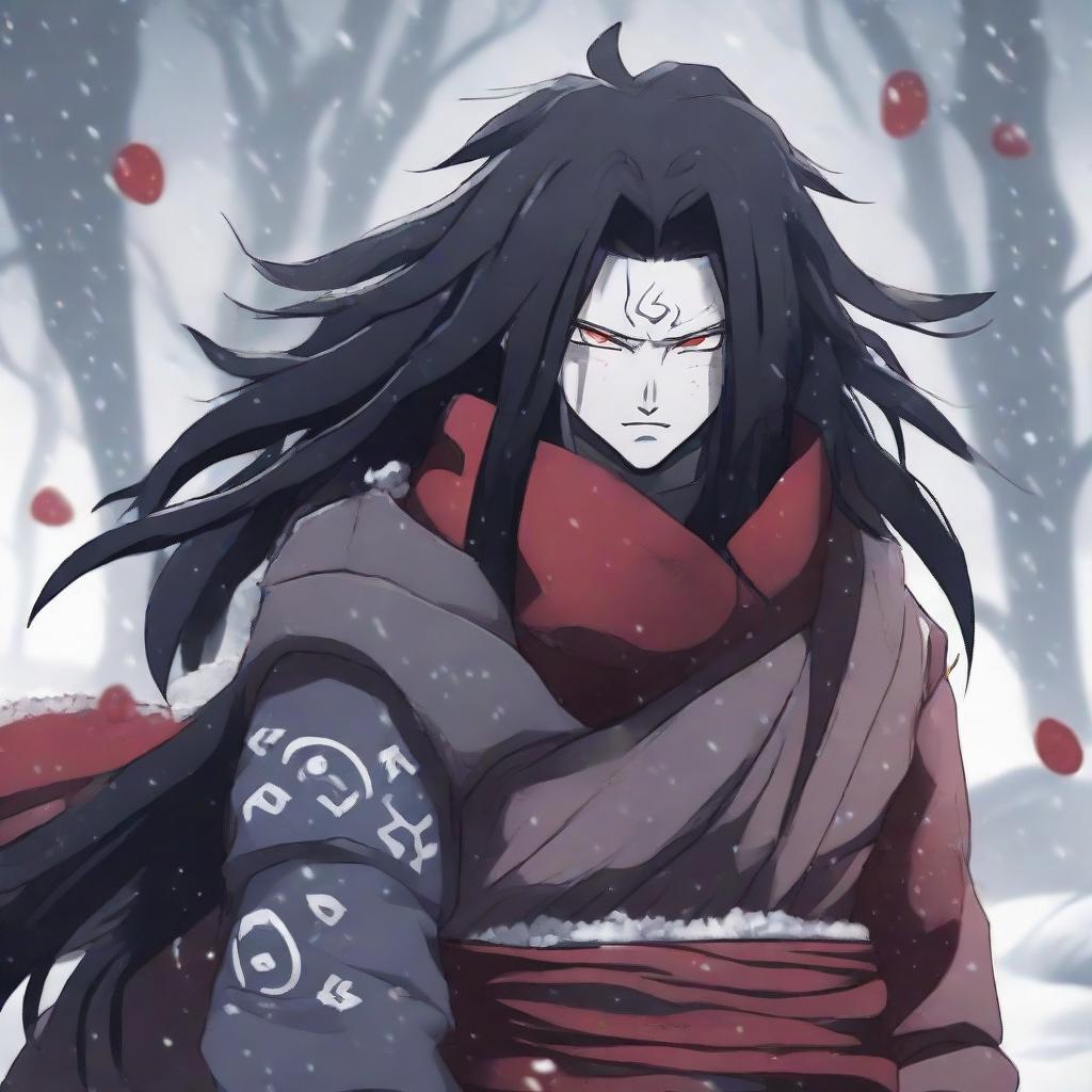 Anime character Madara Uchiha from Naruto standing unbothered in a gently falling snow. Dressed in his traditional samurai armor, his glowing Sharingan eyes hold a powerful gaze as snowflakes settle on his long, untamed hair.