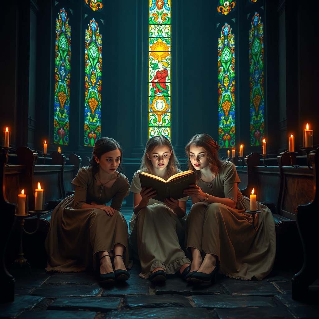 Three sisters sitting in a dimly lit church, surrounded by tall stained glass windows casting colorful patterns on the stone floor