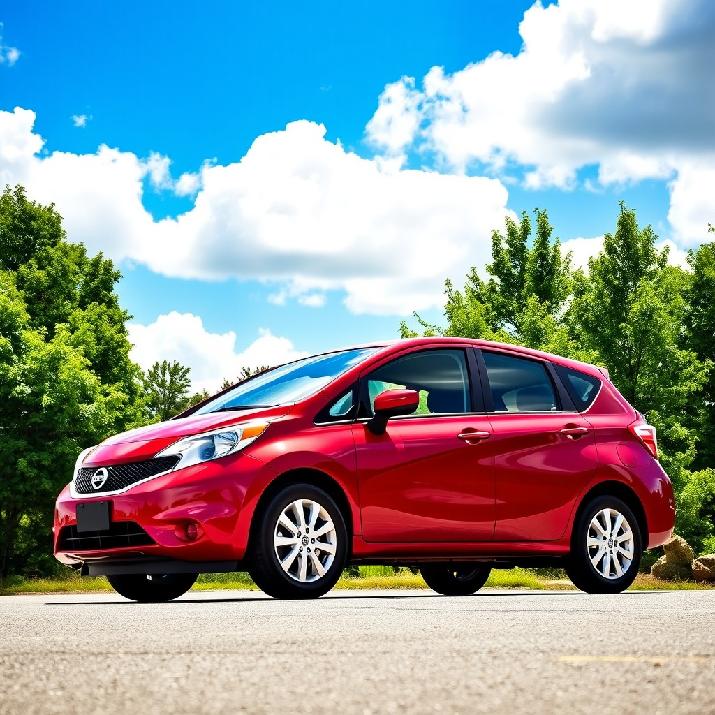 A sleek, shiny red 2015 Nissan Versa parked in a picturesque setting
