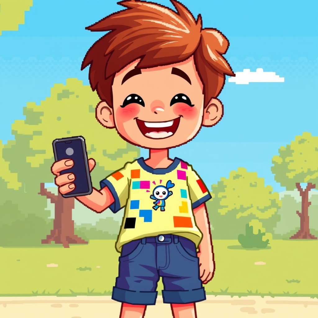 A pixel art scene depicting a young boy happily holding a cellphone, with a cheerful expression
