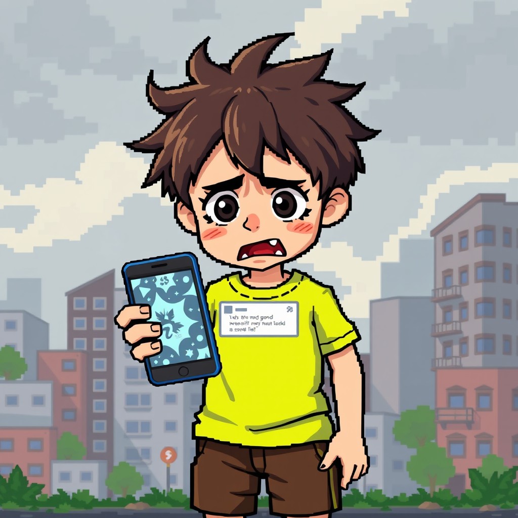 A pixel art scene depicting a young boy holding a cellphone with a distressed expression on his face
