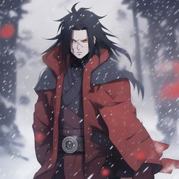 Anime character Madara Uchiha from Naruto standing unbothered in a gently falling snow. Dressed in his traditional samurai armor, his glowing Sharingan eyes hold a powerful gaze as snowflakes settle on his long, untamed hair.