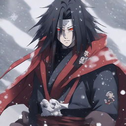 Anime character Madara Uchiha from Naruto standing unbothered in a gently falling snow. Dressed in his traditional samurai armor, his glowing Sharingan eyes hold a powerful gaze as snowflakes settle on his long, untamed hair.