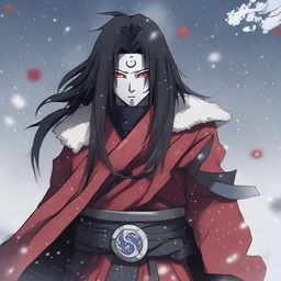 Anime character Madara Uchiha from Naruto standing unbothered in a gently falling snow. Dressed in his traditional samurai armor, his glowing Sharingan eyes hold a powerful gaze as snowflakes settle on his long, untamed hair.