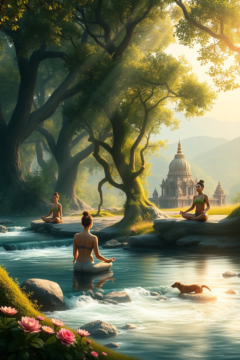 A captivating digital painting depicting ancient yoga concepts, showcasing serene practitioners in a natural setting
